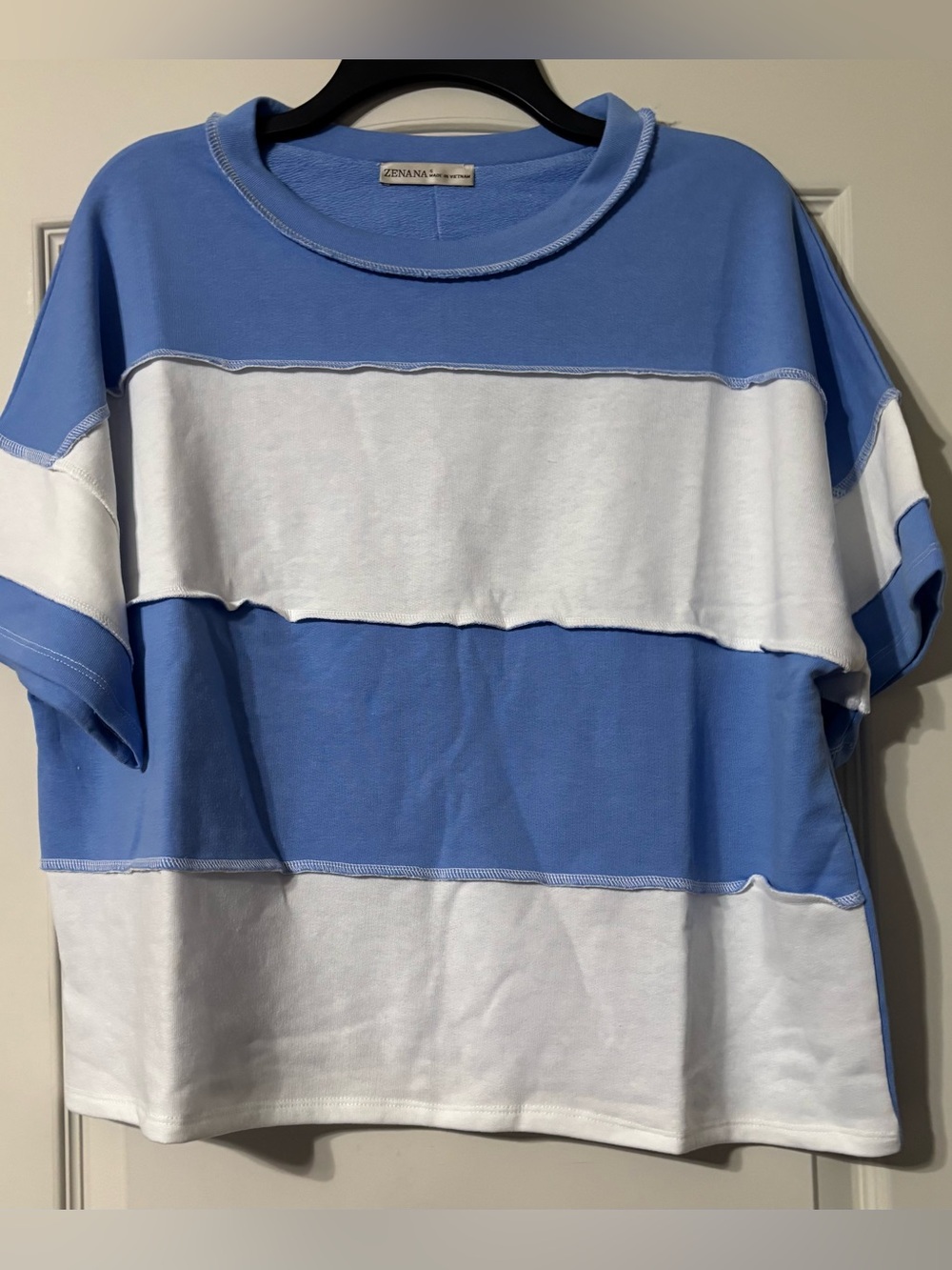 Zenana Outfitters Blue and White Colorblock Crop Oversized Top